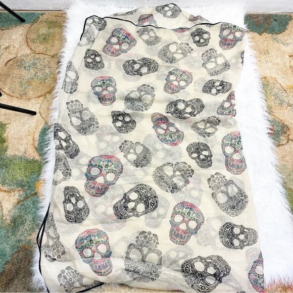 Day of The Dead Skull & Floral Silk Blend Sheer Large Scarf - Picture 5 of 7